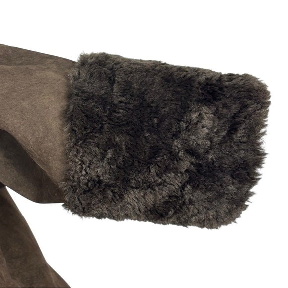 STEVE MADDEN Y2K CHOCOLATE BROWN SUEDE FAUX SHEARLING BUCKLE BUTTON FRONT JACKET - Picture 12 of 16